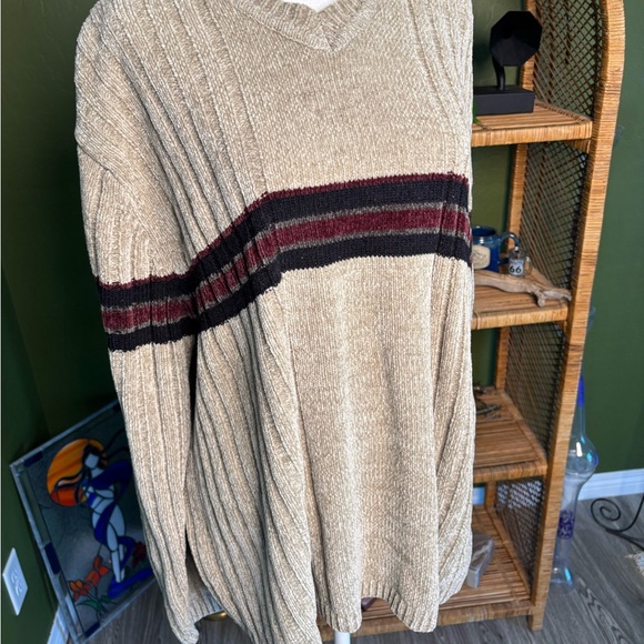 Vneck Chest Stripe Cream Burgundy Navy Chenille Knit Sweater - Picture 3 of 4